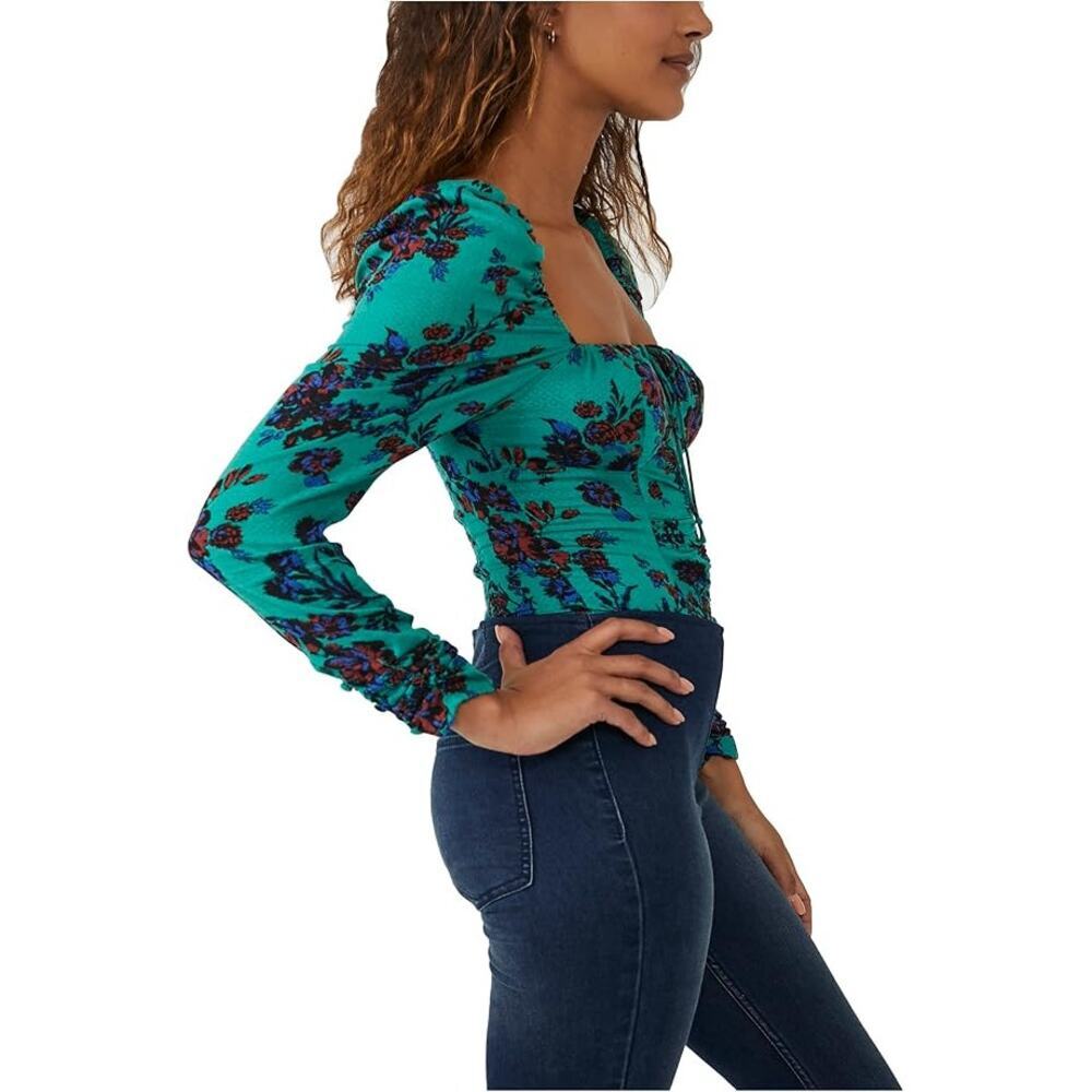 Free People Womens Hilary Floral Long Puff Sleeve Top Size L Green Combo NWT